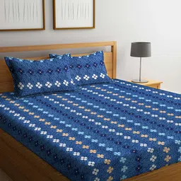 Arrabi Blue & White Floral 300 TC King Bedsheet with 2 Pillow Covers-image-59