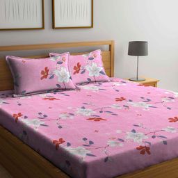 Arrabi Pink & White Floral 300 TC King Bedsheet with 2 Pillow Covers-image-42