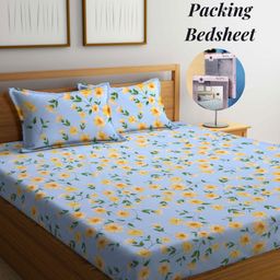 Arrabi Blue & Yellow Floral 300 TC King Bedsheet with 2 Pillow Covers-image-95