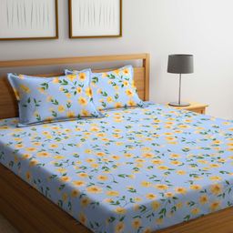 Arrabi Blue & Yellow Floral 300 TC Flat King Bedsheet with 2 Pillow Covers-image-90