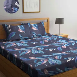 Arrabi Black & Blue Floral 300 TC King Bedsheet with 2 Pillow Covers-image-48