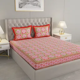 Wayne Martin Red and Pink Floral 330 TC King Bedsheet with 2 Pillow Covers-6