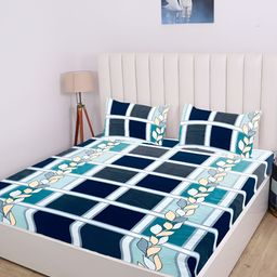 RD TREND Green & Blue Checked 210 TC King Fitted Bedsheet with 2 Pillow Covers-3