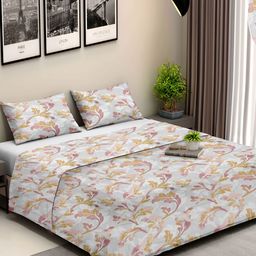 Ariana Grey & Orange Floral Cotton 210 TC King Bedsheet With 2 Pillow Covers-23