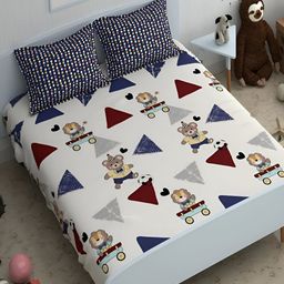 Srijee Decors White & Blue Geometric Printed 210 TC King Bedsheet With 2 Pillow Covers-image-61