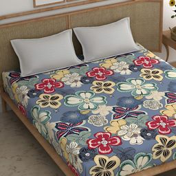 Srijee Decors Blue & Red Floral Printed 210 TC King Bedsheet With 2 Pillow Covers-image-37