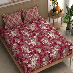 Srijee Decors Red & Beige Floral Printed 210 TC King Bedsheet With 2 Pillow Covers-image-60