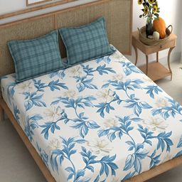 Srijee Decors Blue & White Floral Printed 210 TC King Bedsheet With 2 Pillow Covers-image-62
