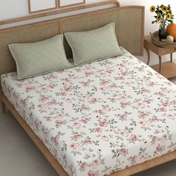 Srijee Decors Green & White Floral Printed 210 TC King Bedsheet With 2 Pillow Covers-image-54