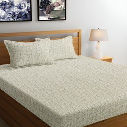 Srijee Decors Beige & Green Printed Cotton 300 TC King Bedsheet With 2 Pillow Covers-image-81