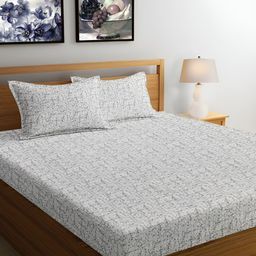 Srijee Decors Grey & White Printed Cotton 300 TC King Bedsheet With 2 Pillow Covers-image-96