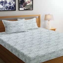 Srijee Decors Grey & White Floral Cotton 350 TC King Bedsheet with 2 Pillow Covers-image-97