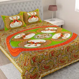 Lali Prints Brown & Orange Ethnic Motifs Cotton 144 TC Single Bedsheet & 2 Pillow Covers-image-14