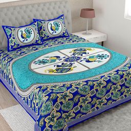 Lali Prints Blue & Green Ethnic Motifs Cotton 144 TC Single Bedsheet with 2 Pillow Covers-image-15