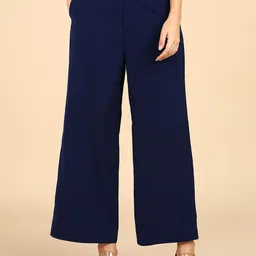 Mast & Harbour Women Navy Blue Smart Flared Parallel Trousers-image-5