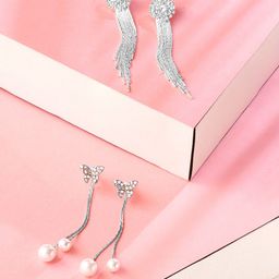 Yellow Chimes Set Of 2 Silver-Plated & White Pearl Contemporary Drop Earrings-image-99