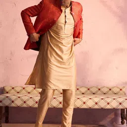 VASTRAMAY Mandarin Collar Regular Straight Kurta with Trousers With Jacket-image-68