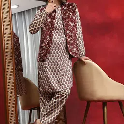 AKS Brown Ethnic Motifs Printed Mandarin Collar Kurta with Pyjamas & Nehru Jacket-picture-12