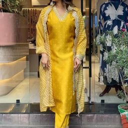 Lookmark Bandhani Printed V-Neck Sequinned Straight Kurta With Trouser And Dupatta-10