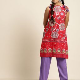 Sangria Teen Girls Red Ethnic Motifs Printed Kurta with Trousers-image-69