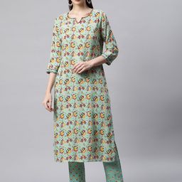 Sringam Women Green Floral Printed Rayon Kurta with Trouser Set-picture-4