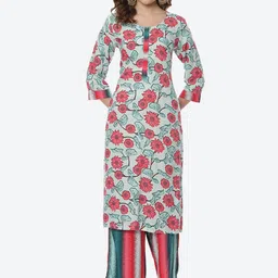Rangriti Women Blue Floral Printed Kurta with Trousers-13