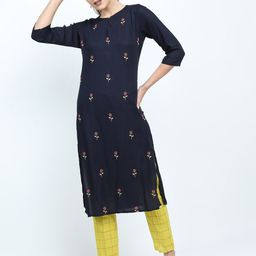 Vishudh Women Navy Blue Floral Embroidered Kurta with Trousers-picture-55