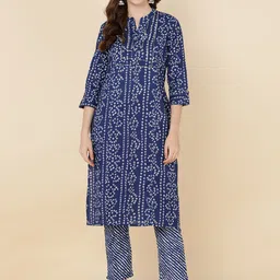 MAAND Women Blue Leheriya Printed Pure Cotton Kurta with Trousers-1