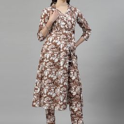 KALINI Floral Printed High Slit Pure Cotton A-Line Kurta with Trousers-image-64