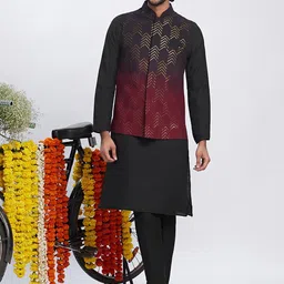 KISAH Mandarin Collar Regular Pure Cotton Kurta with Pyjamas & Nehru Jacket-picture-14