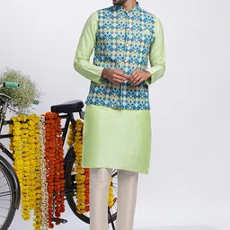 KISAH Mandarin Collar Kurta With Trousers & Printed Nehru Jacket-picture-17