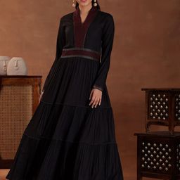 Libas Striped V-Neck Thread Work Pure Cotton Anarkali Kurta with Trousers-picture-58