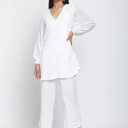trueBrowns Women White Pure Cotton Kurti with Trousers-image-70