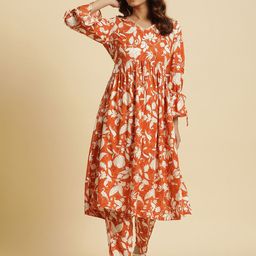 W Floral Printed V-Neck Empire Kurta with Trousers-image-58