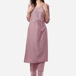 HERE&NOW Women Mauve Embroidered Pleated Mirror Work Kurta with Trousers-image-40