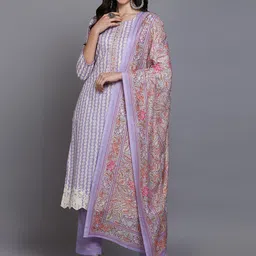 KALINI Geometric Printed Thread Work Kurta With Trousers & Dupatta image 5