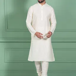 KISAH Men Off White & Mustard Solid Straight Kurta with Churidar & Printed Nehru jacket-3