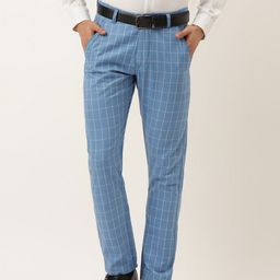 JAINISH Men Blue Checked Smart Tapered Fit Easy Wash Pure Cotton Trousers-image-57