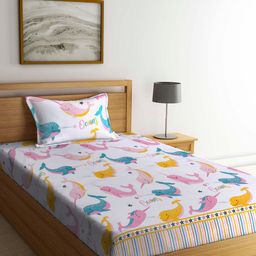 Arrabi White & Yellow Cartoon Characters 130 TC Single Bedsheet with 1 Pillow Covers-image-62