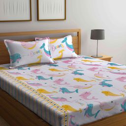 Arrabi White & Pink Conversational 300 TC King Bedsheet with 2 Pillow Covers-image-97