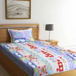 Arrabi Blue & Pink Cartoon Characters 130 TC Single Bedsheet with 1 Pillow Covers-26