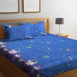 KLOTTHE Blue & White Cartoon Characters Printed 210 TC King Bedsheet with 2 Pillow Covers-image-3