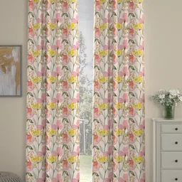 ROSARA HOME Cream-Coloured & Pink Set of 2 Floral Long Door Curtain-18