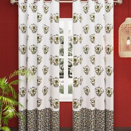 LIVING ROOTS White & Green Set Of 2 Floral Printed Pure Cotton Door Curtain-54