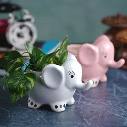 CDI 2-Pcs Pink & White Textured Elephant Shaped Ceramic Planters-13