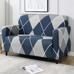 HOKIPO Grey & Blue Printed 2-Seater Sofa Covers-7