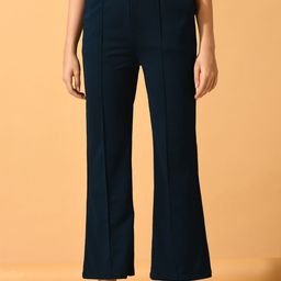 DressBerry Women Navy Blue Comfort Flared Lycra Wrinkle Free Parallel Trouser-image-59