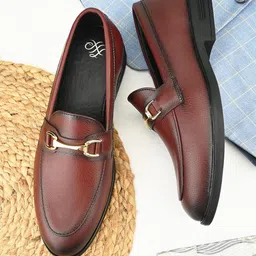House of Pataudi Men Round Toe Slip On Formal Horsebit Loafers-image-79