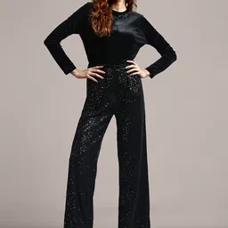 iki chic Women Sequins Embellished Non Iron Party Parallel Trousers-image-78