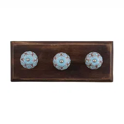 Indianshelf Brown & Turquoise Blue Floral Etched Wooden Wall Hooks Holder-image-50